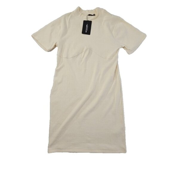 Pretty Little Thing Jersey Ribbed Bust Detail Bodycon Dress Size 16 Cream NWT - Picture 1 of 15